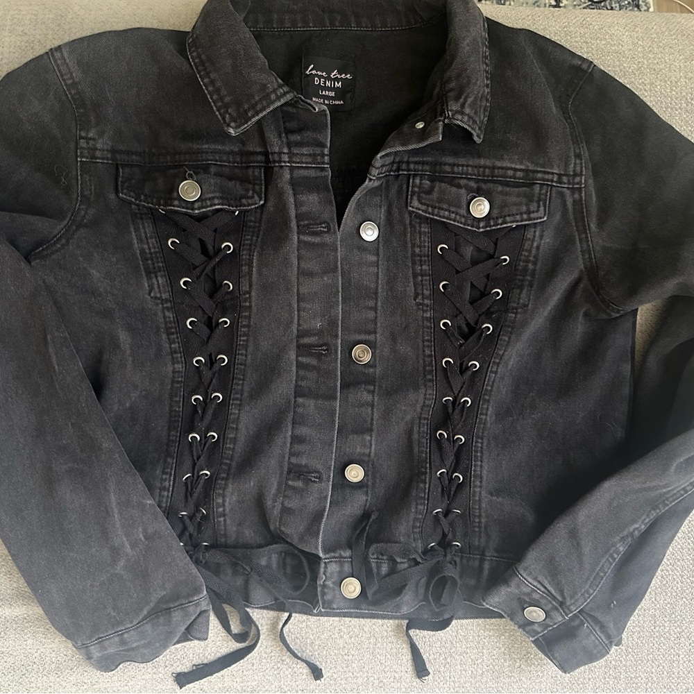 Forever 21 Charcoal Lace-Up Denim Jacket